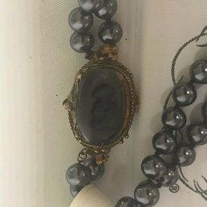 Vintage Hand Knotted Minorca Tahitian Style Black pearls with Cameo Clasp Brooch